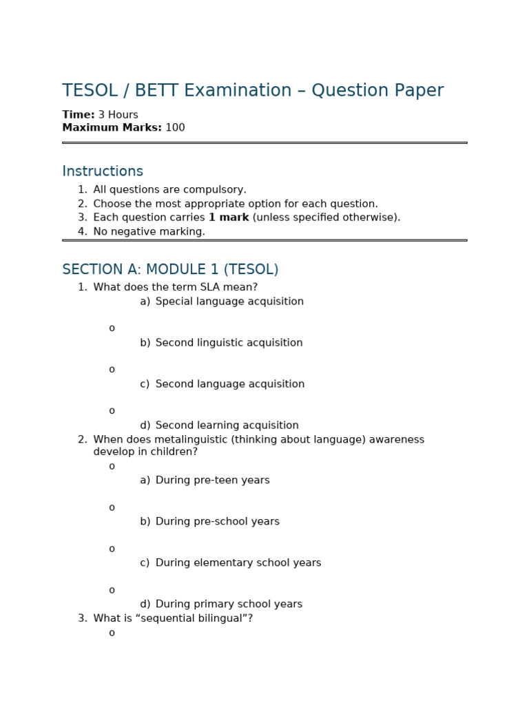 Tesol - Bett - Question Paper | PDF | Second Language | Second Language ...