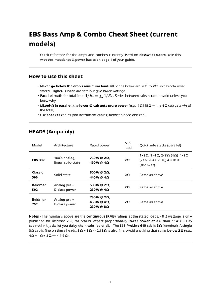 Ebs Bass Amp Combo Cheat Sheet Current Models | PDF | Loudspeaker ...