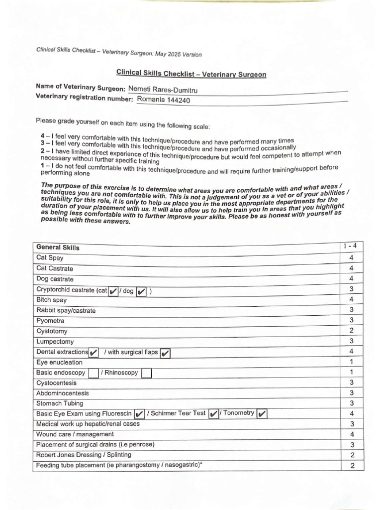 Clinical Skills Checklist VET | PDF