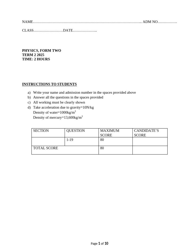 Physics F2 Term 2 Exam 2025 | PDF | Force | Density