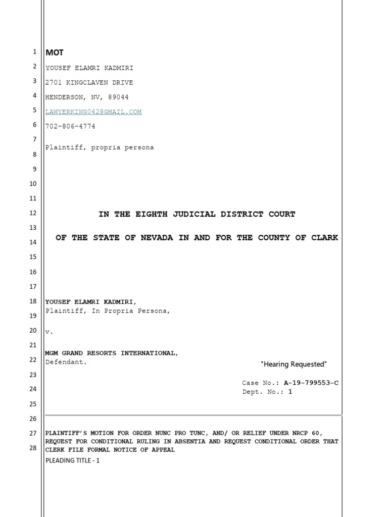 Yousef Kadmiri's Motion For Order Nunc Pro Tunc | PDF | Default ...