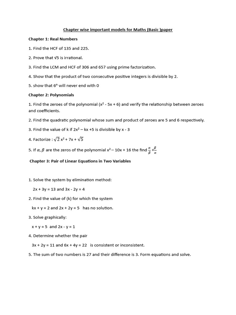 Chapterwise Practice Sums Class X Maths For Basic Paper | PDF