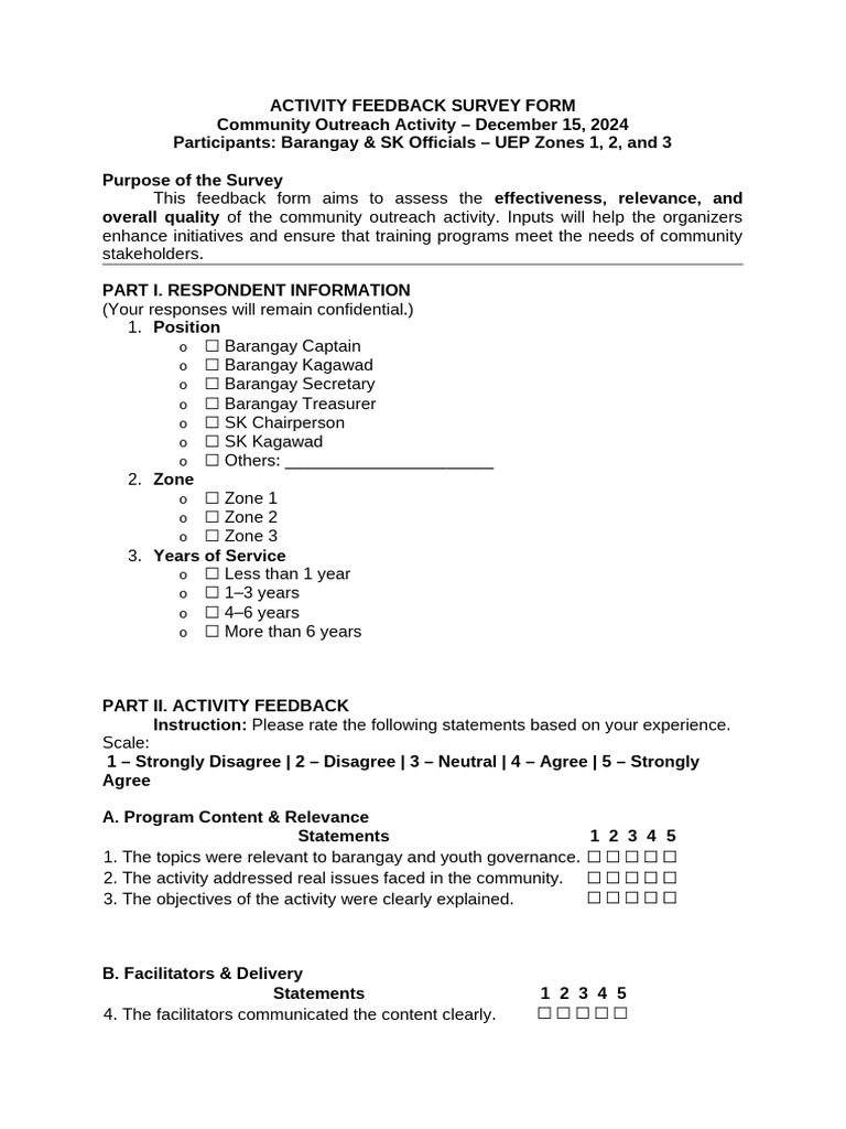 Activity Feedback Survey Form | PDF