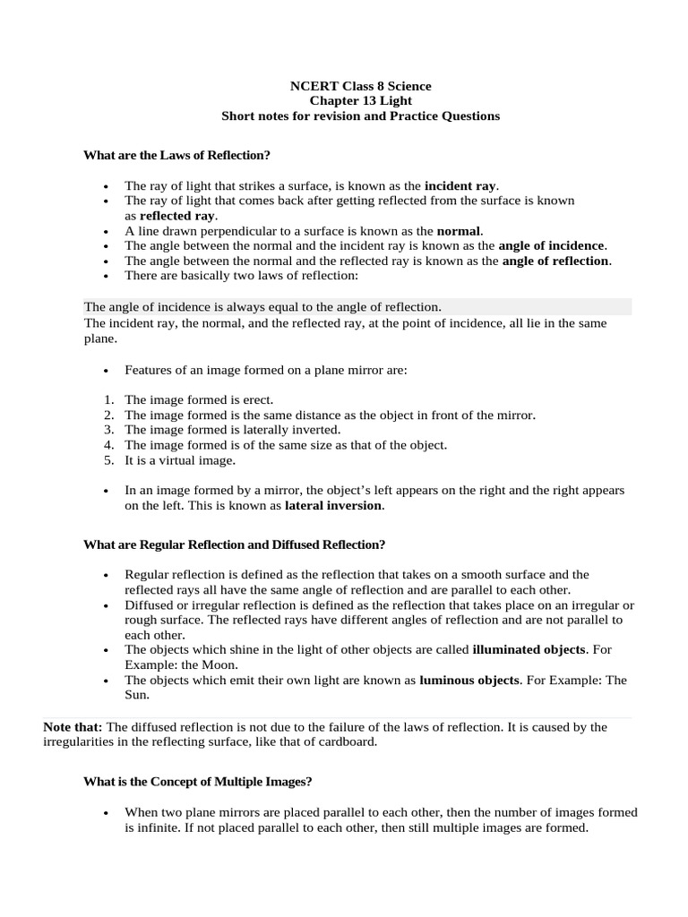 Revision Notes of Light Class 8 | PDF | Reflection (Physics) | Eye