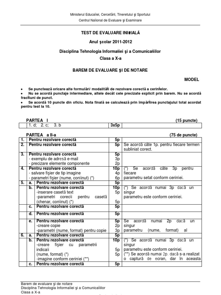 Evaluare Initiala TIC Cls10 Model Barem | PDF