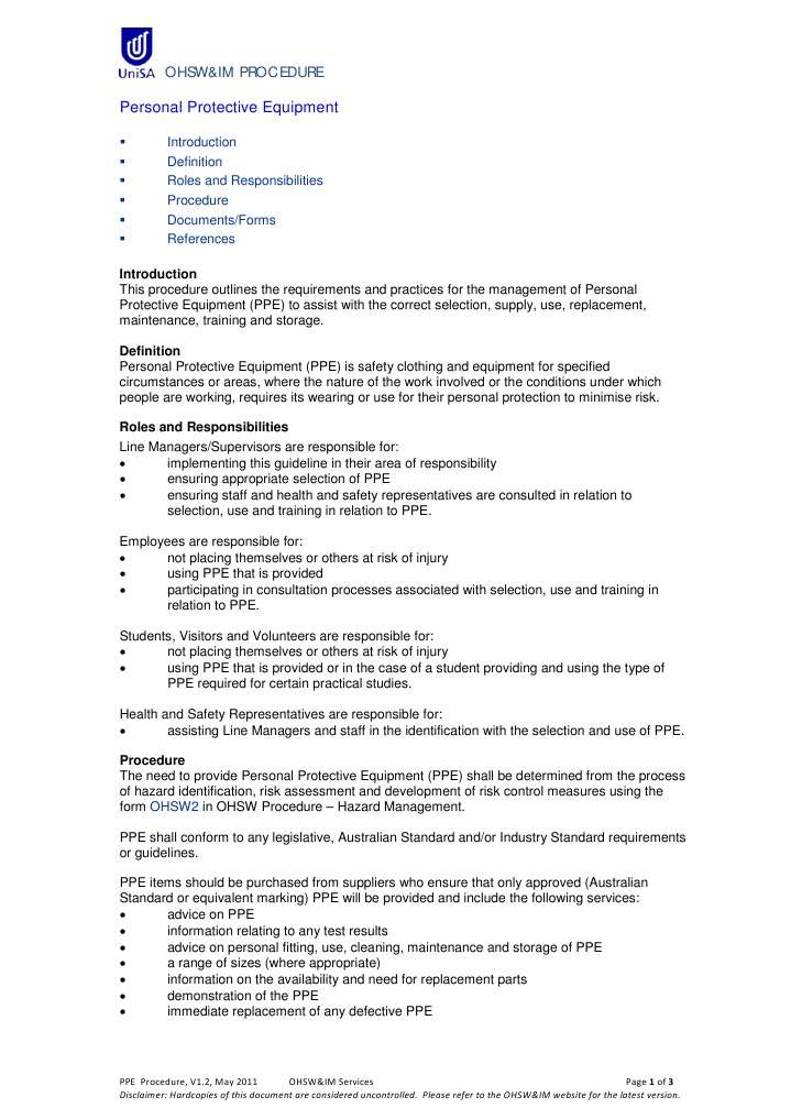 Roles and responsibilities of employees relating to ppe