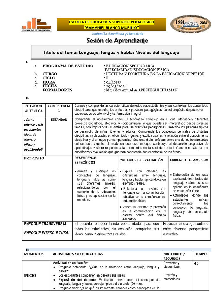 Sesión 4 Lenguaje, Lengua y Habla Niveles Del Lenguaje | PDF | Plan de ...
