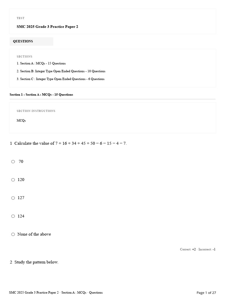 SMC Grade 3 Practice Paper 2 | PDF | Subtraction | Area
