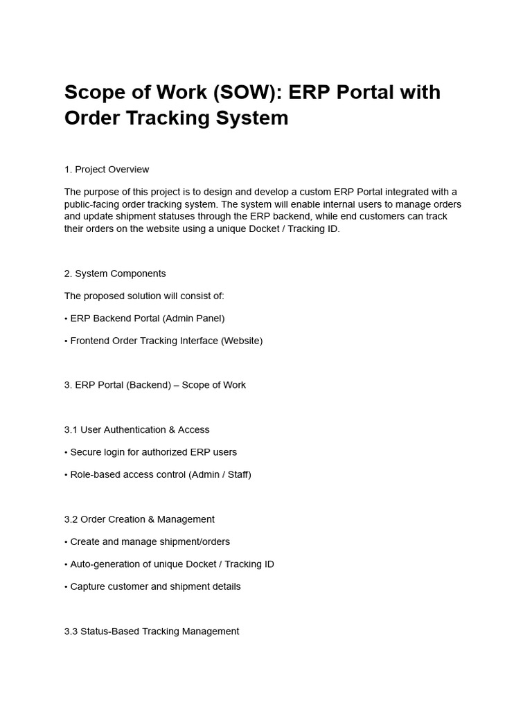 Scope of Work (SOW) - ERP Portal With Order Tracking System | PDF