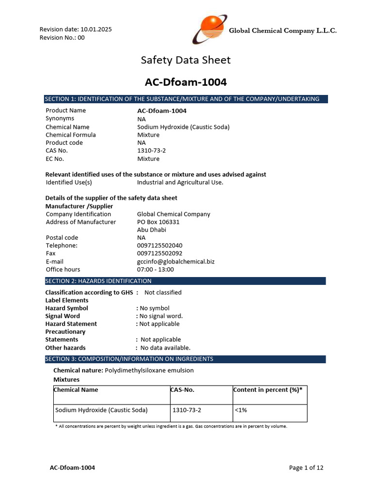 Msds Ac-Dfoam-1004 GCC | PDF | Sodium Hydroxide | Sodium