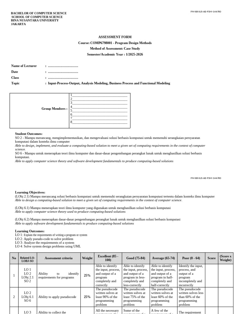 AoL Assessment Form - COMP6798001 - Program Design Methods (2510) | PDF ...