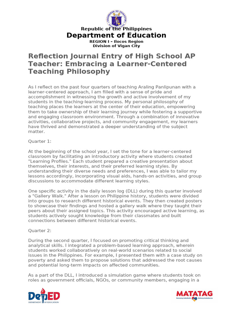 Reflection Journal Entry in ESP | PDF | Learning | Critical Thinking