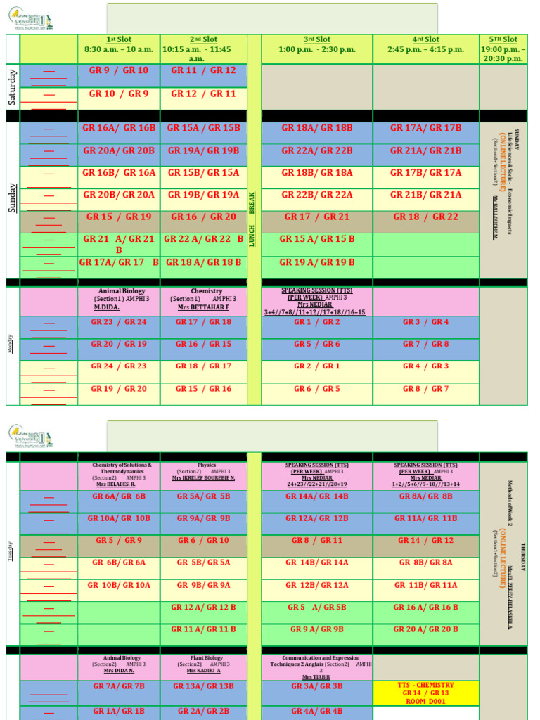 Time Table L1 S2 2025 2026 Compressed | PDF | Life Sciences | Biology