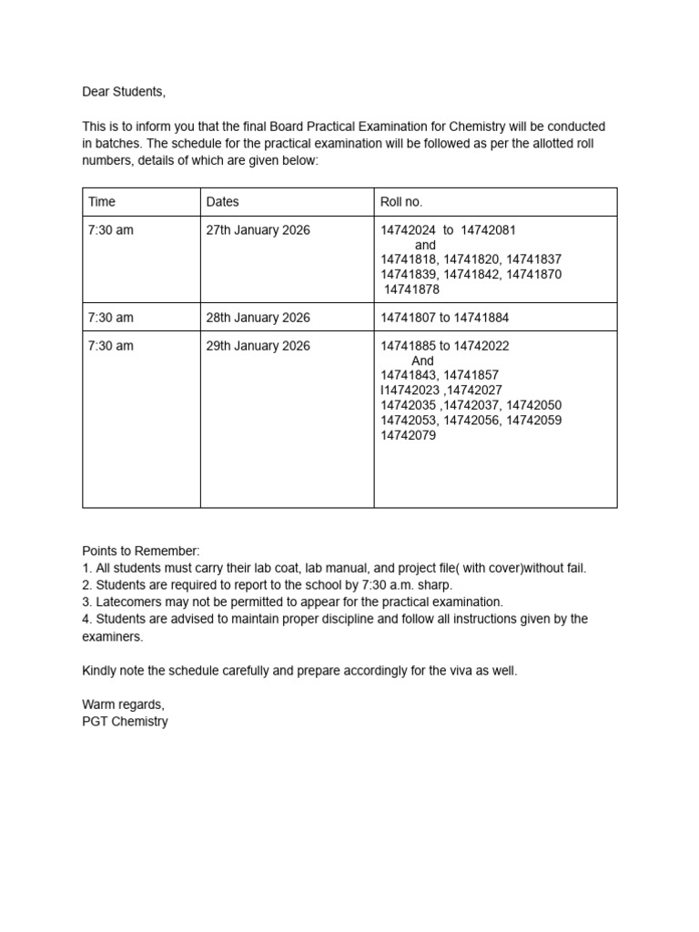 Chemistry Board Practical Schedule | PDF