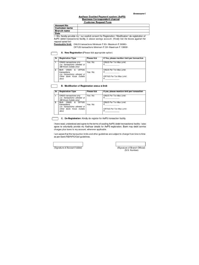 Application Form For AePS - PDF - Debit Card - Banks | PDF