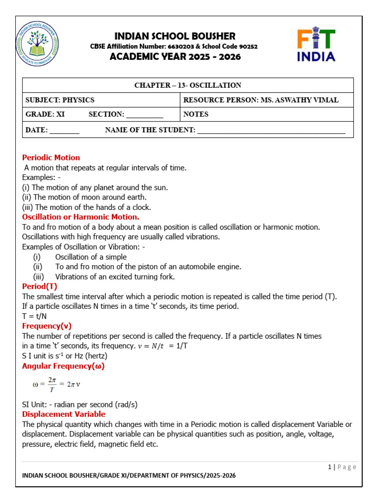 G 11 CH 13 Oscillation Notes | PDF | Oscillation | Frequency