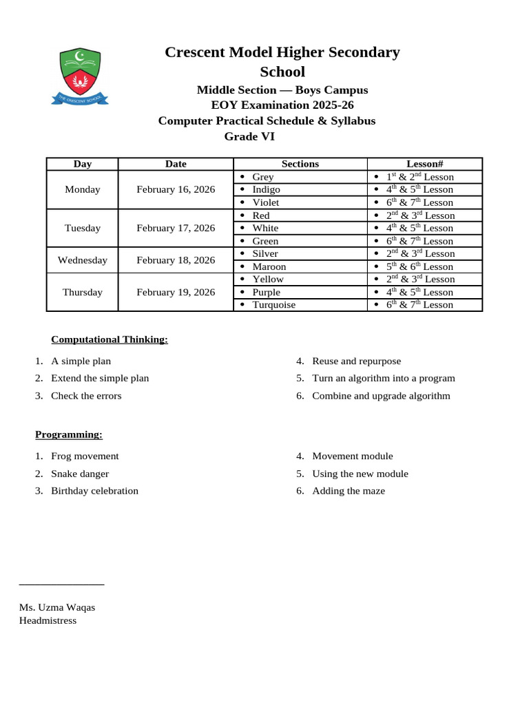 Class VI Computer EOY Practical Datesheet Lesson | PDF