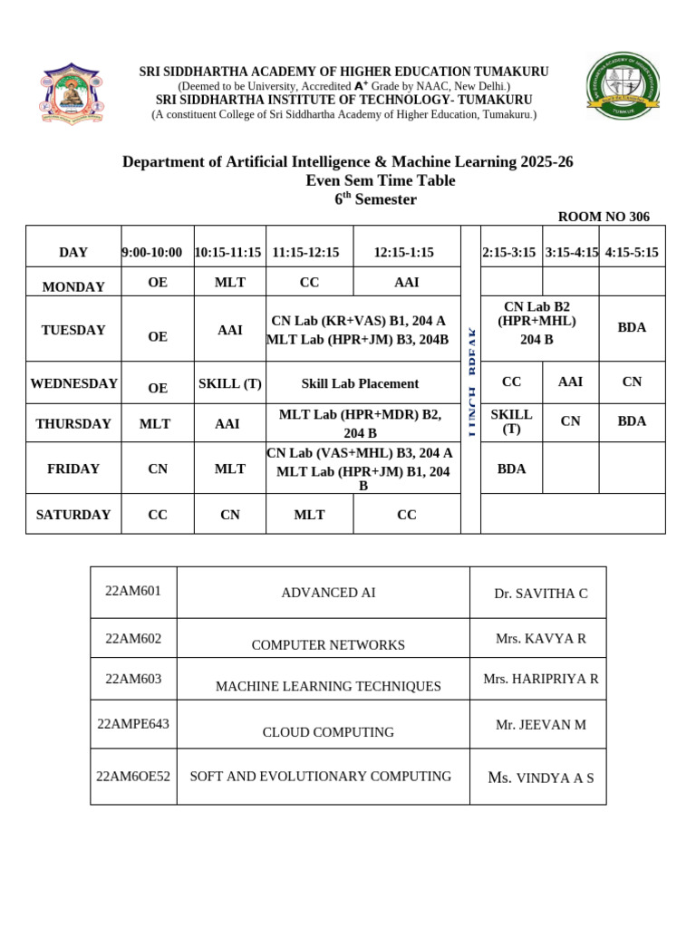 6th Class Time Table Even | PDF | Artificial Intelligence ...
