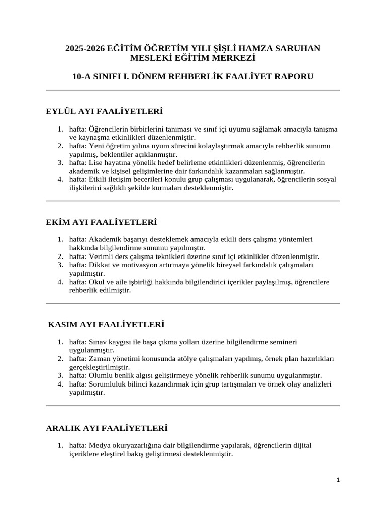 Rehberlik Faaliyet Raporu | PDF