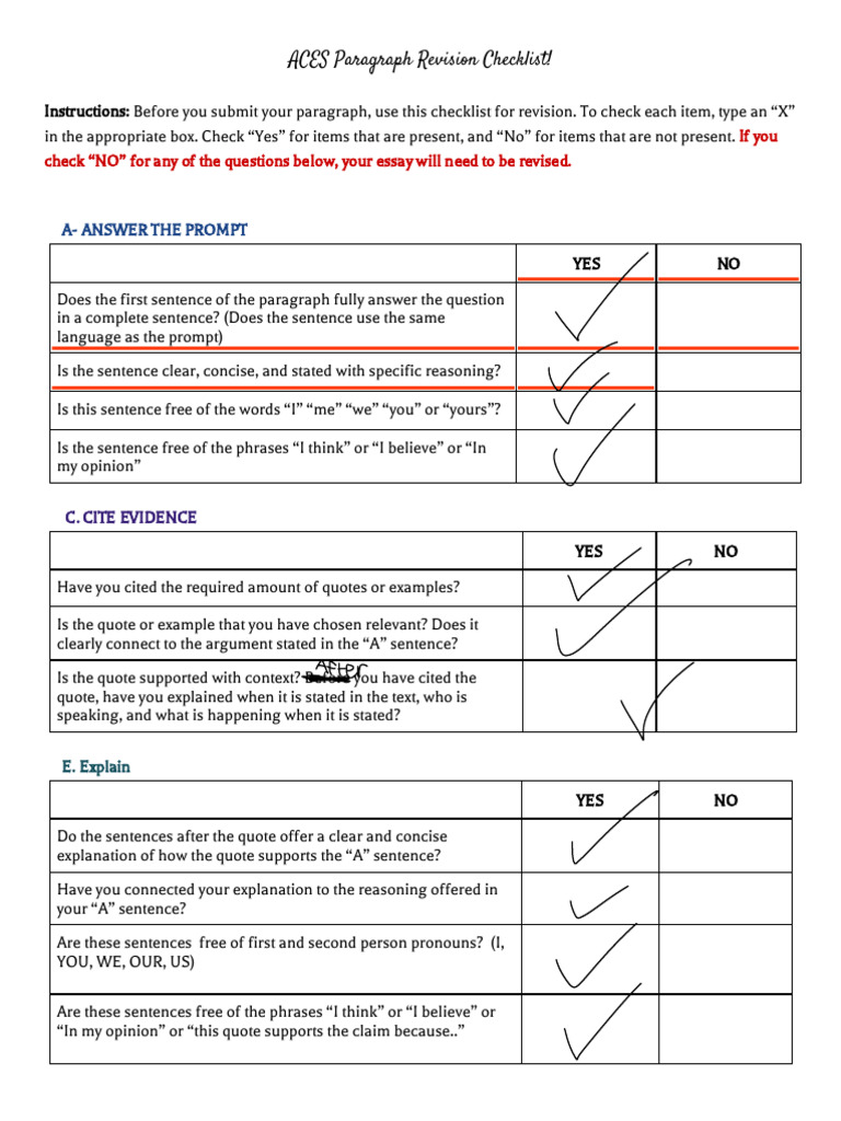 ACES Revision Checklist | PDF | Paragraph | Grammar