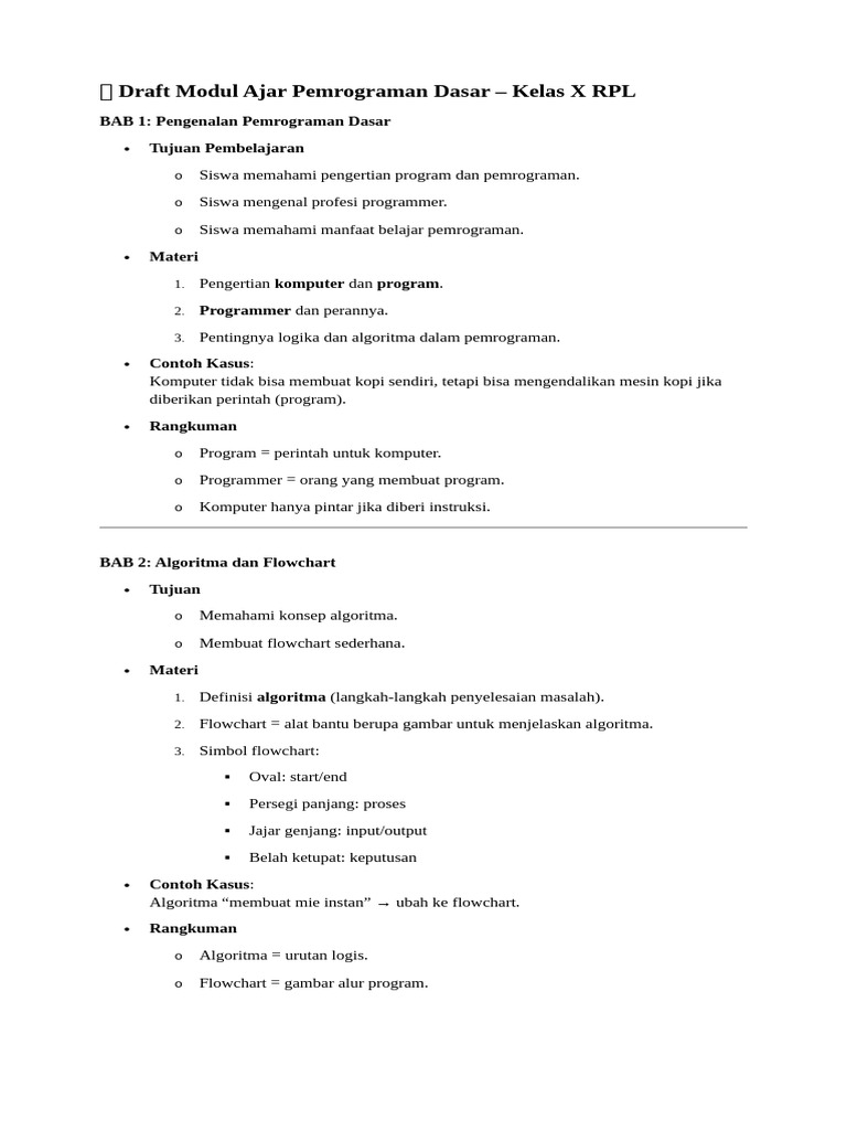 Draft Modul Ajar Pemograman Dasar RPL Kelas X | PDF