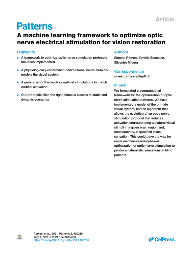 A Machine Learning Framework To Optimize Optic Nerve Electrical ...