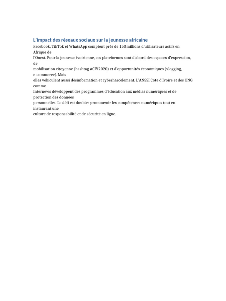 Limpact Des Reseaux Sociaux Sur La Jeunesse Africaine | PDF
