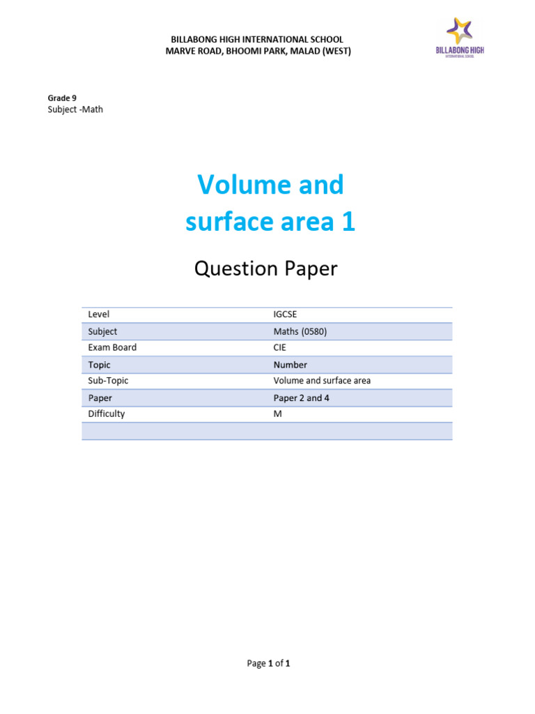 Grade 9 - Math Topical WS 28 - Volume and Surface Area | PDF | Volume ...