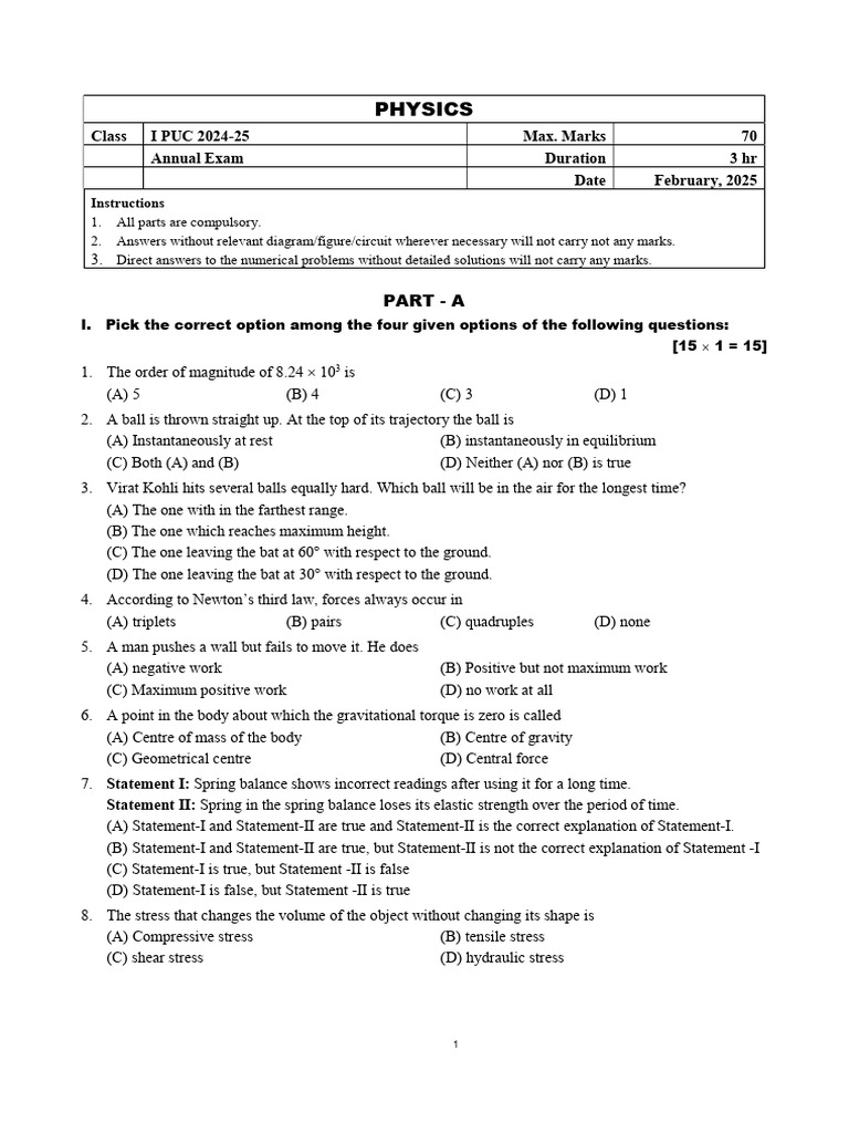 1P - Physics - Annual Exam - BS | PDF | Gases | Acceleration