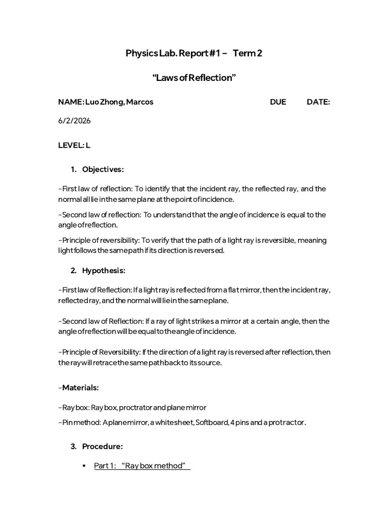 Lab Report Physics Term Better 2 | PDF | Reflection (Physics) | Mirror