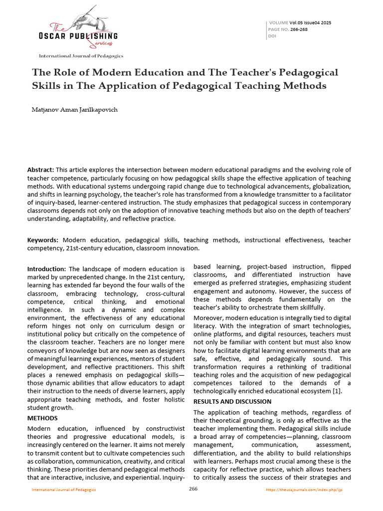 The Role Ofmodern Education Andthe Teacher's Pedagogical Skills Inthe ...