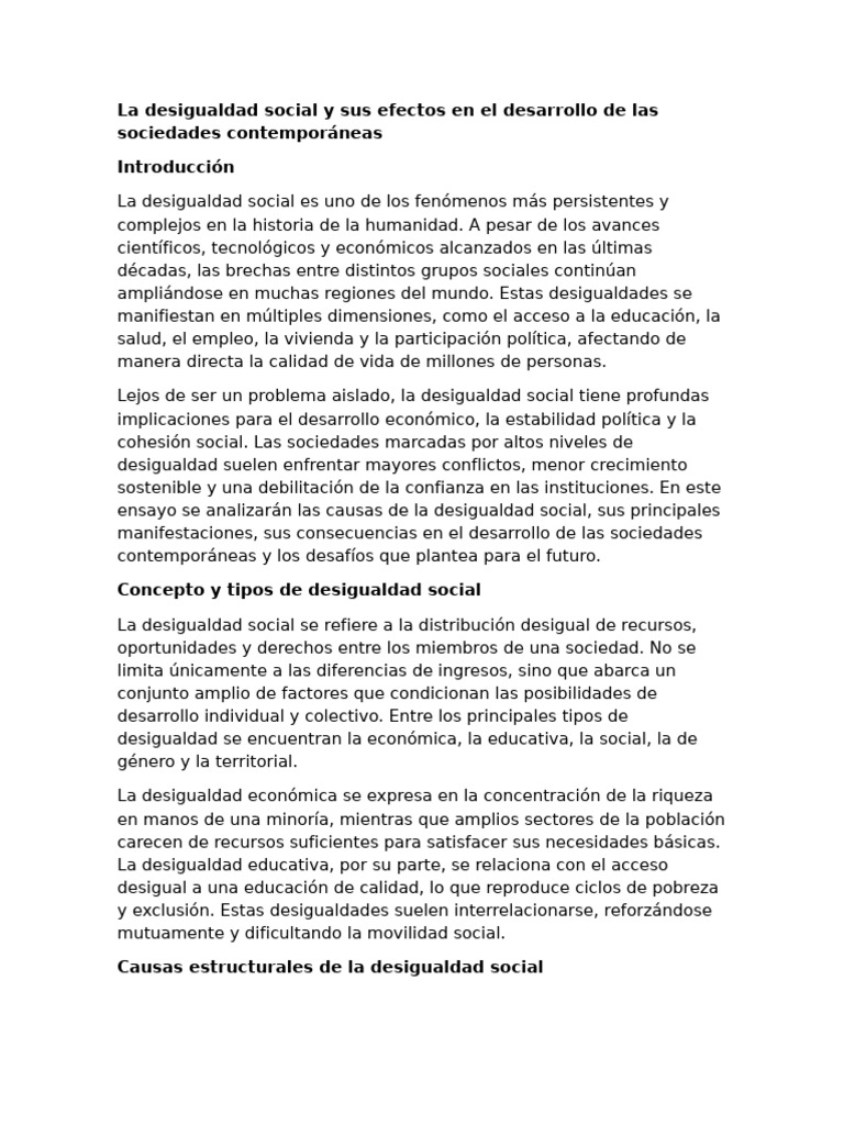 La Desigualdad Social y Sus Efectos en El Desarrollo de Las Sociedades ...