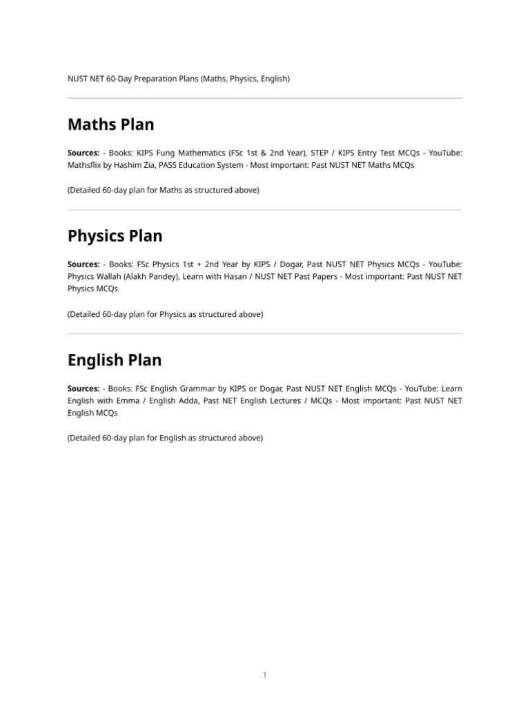 Nust Net Subject Plans | PDF