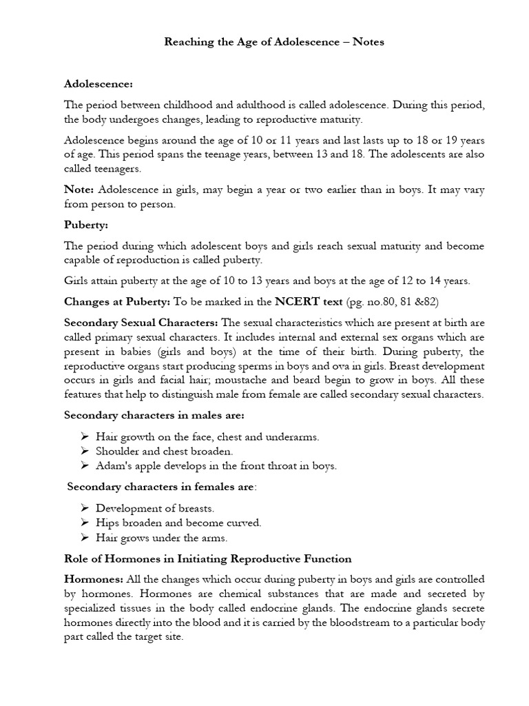 GRADE VIII BIOLOGY Reaching The Age Of Adolescence Notes PDF 