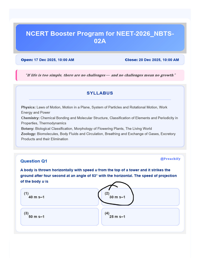 Ncert Booster Program For Neet-2026 - Nbts-02a @acadmix | PDF ...