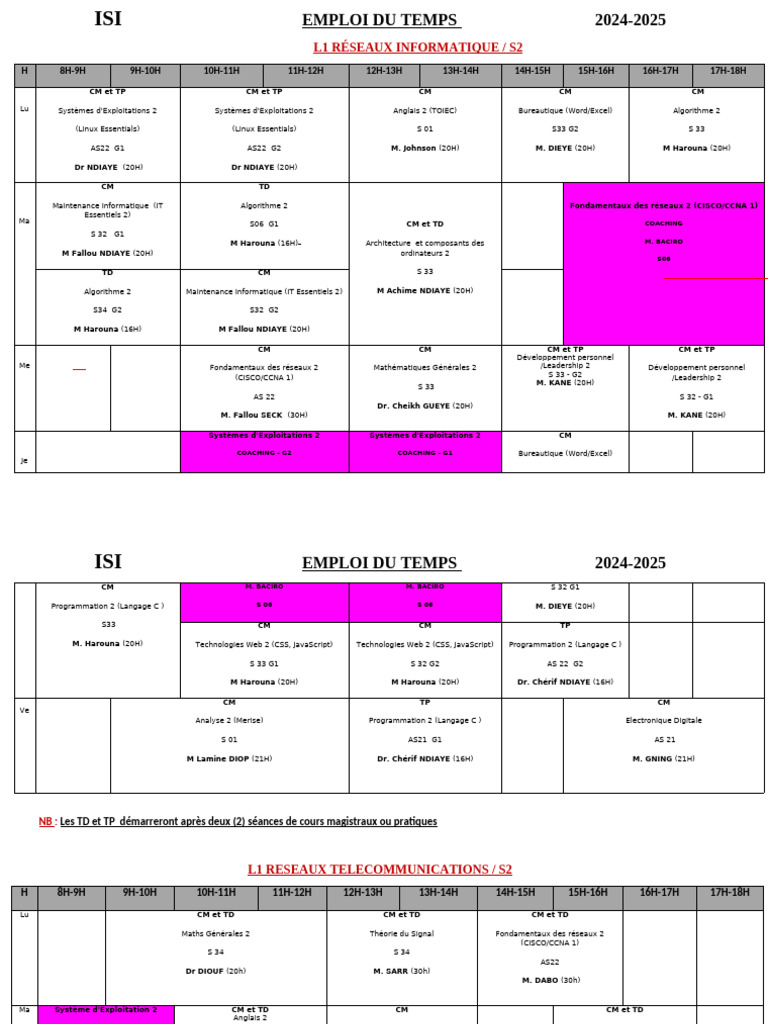 Emploi Du Temps Des l1 - s2 - Drs - 2024-2025 | PDF | Informatique ...