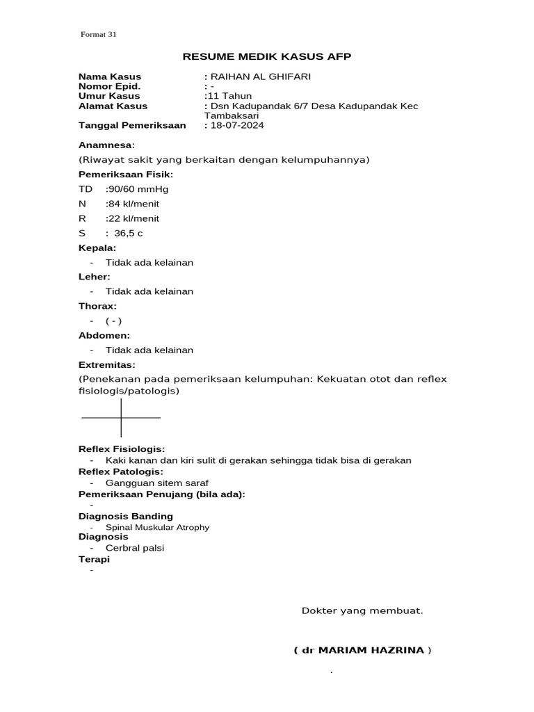 Form FP-3 Resume Medik Kasus AFP | PDF