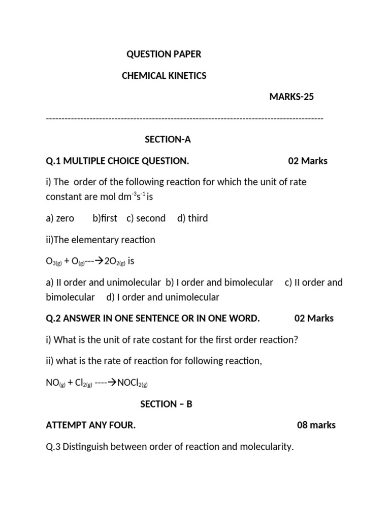 Chemical Kinetics Question Paper 2 | PDF | Reaction Rate Constant ...