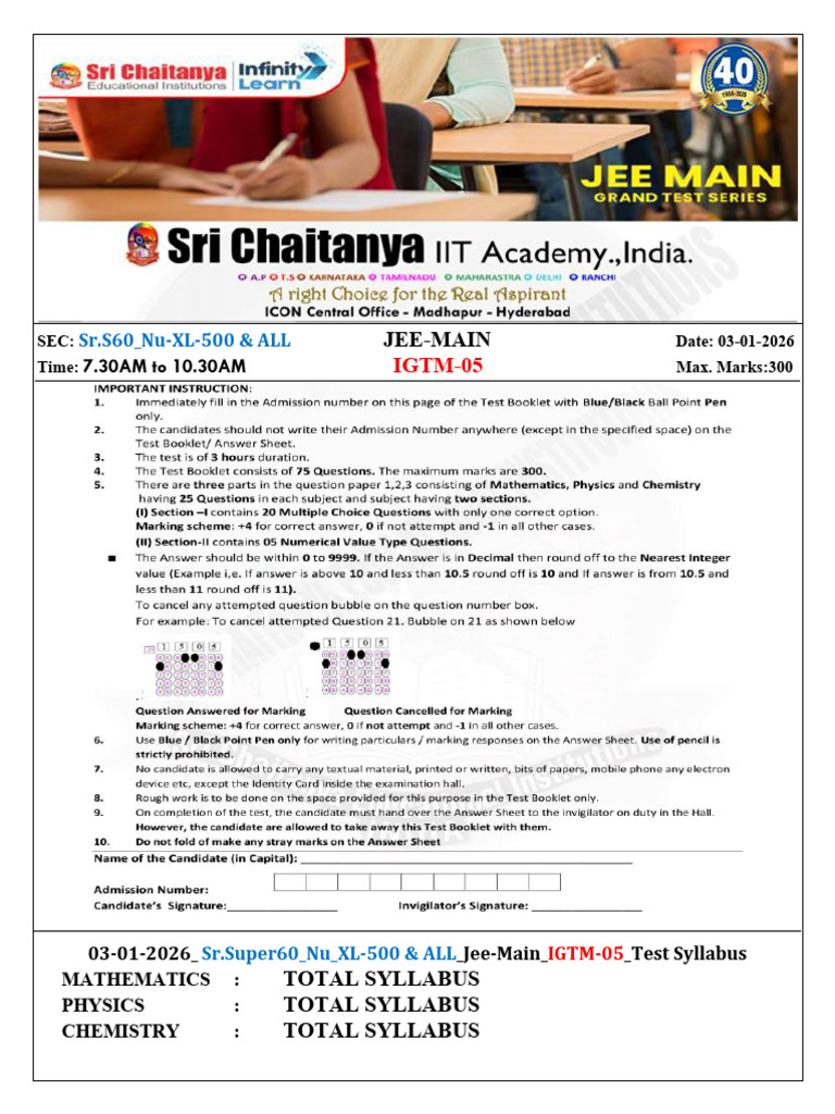 03-01-2026 Sr.S60 Nu XL-500 & All Streams Jee - Main IGTM-05 Q.paper ...