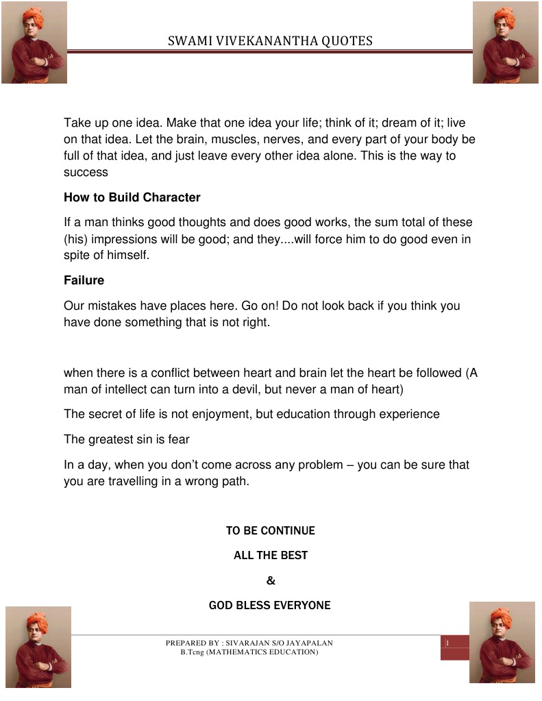 Swami Vivekanantha Quotes How To Build Character