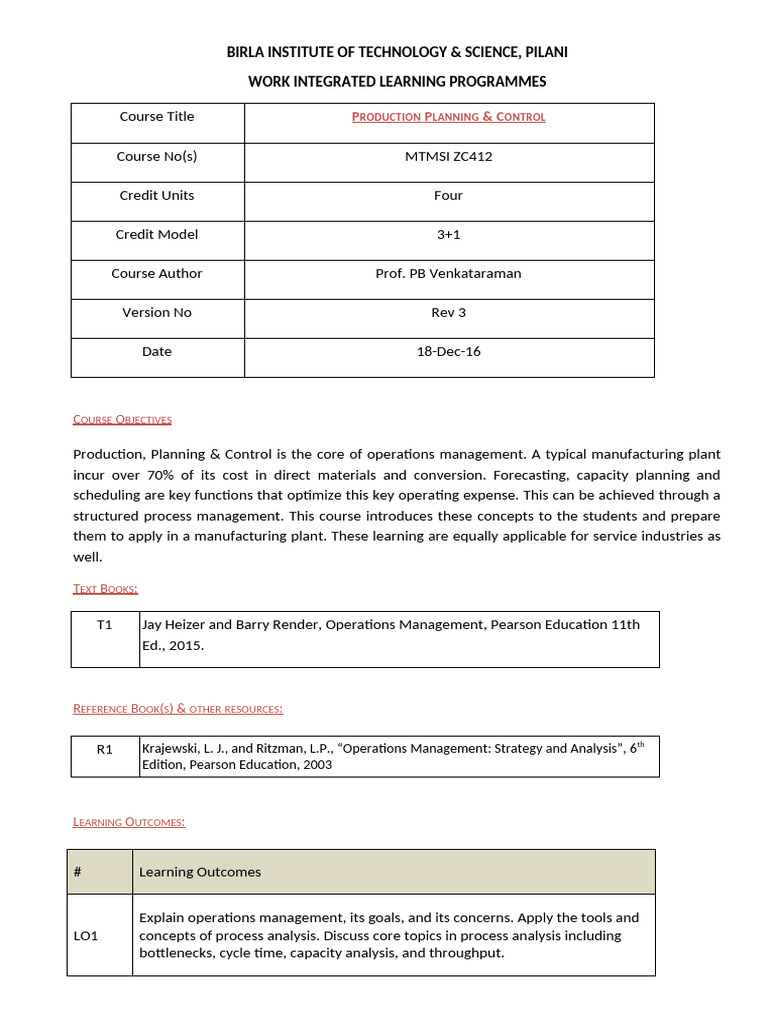 PPC Course Handout | PDF | Operations Management | Analysis