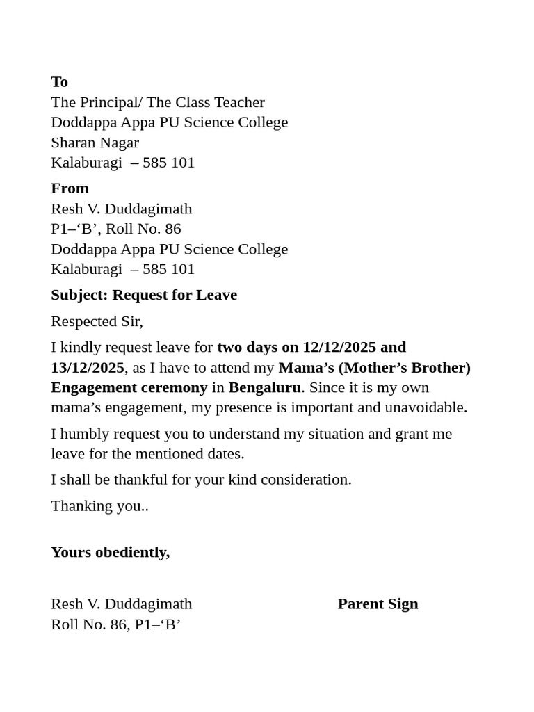 Leave Letter | PDF