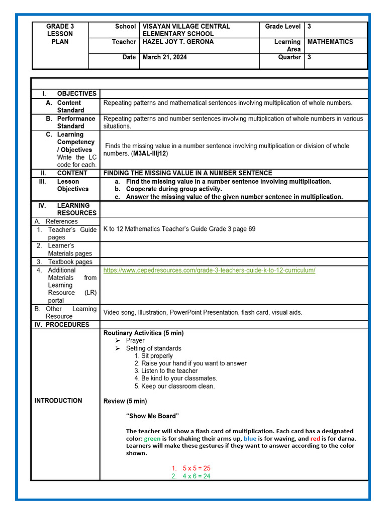 Grade 3 Lesson Plan Math | PDF | Teachers | Multiplication