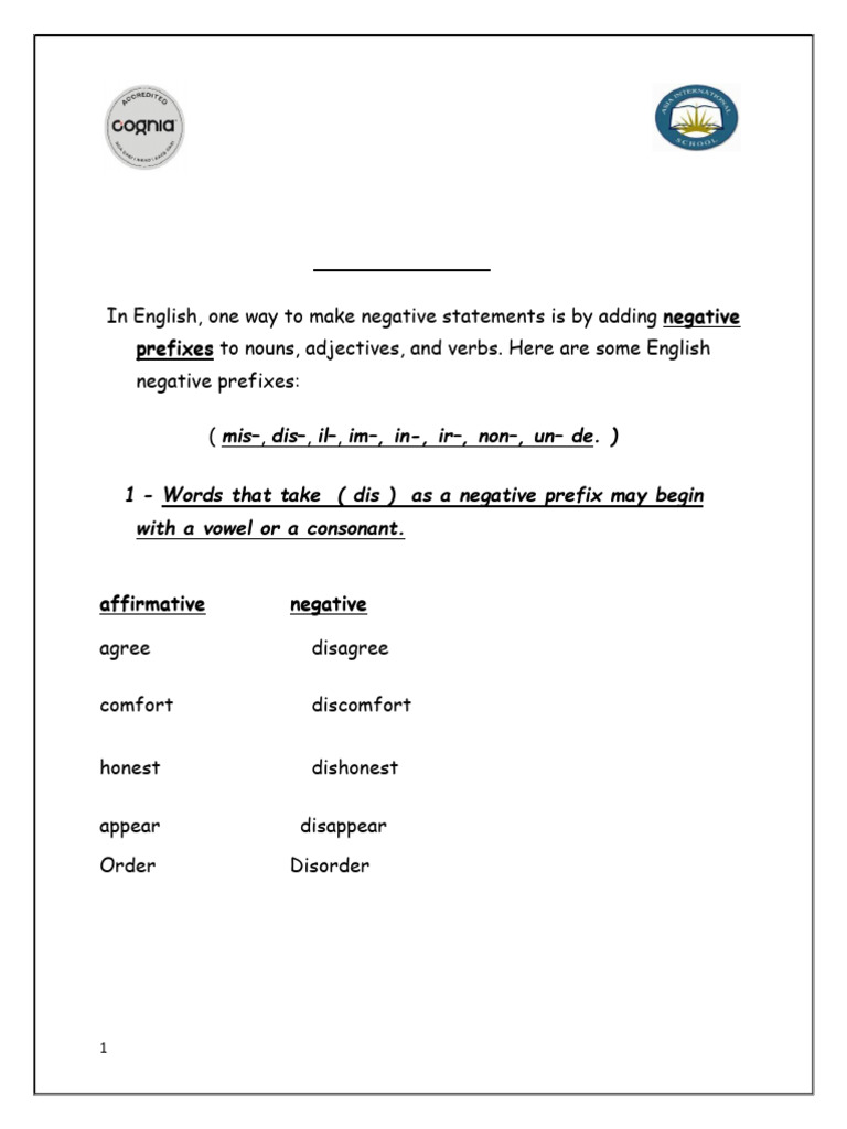 Negative Prefixes - gr.7 - 1 | PDF | English Language | Syntax