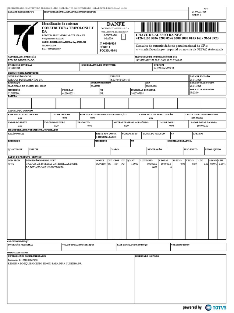Nfe 000015316 - TE 0055 - PESA Curitiba | PDF | Recibo