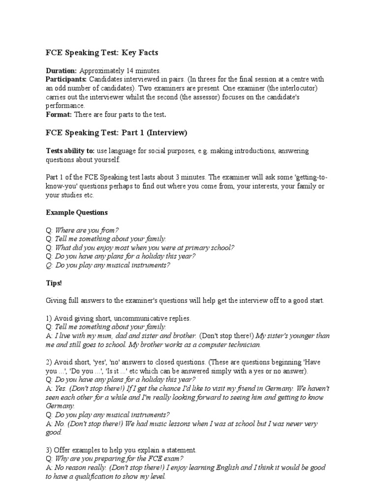 FCE Speaking Test Overview and Tips | PDF