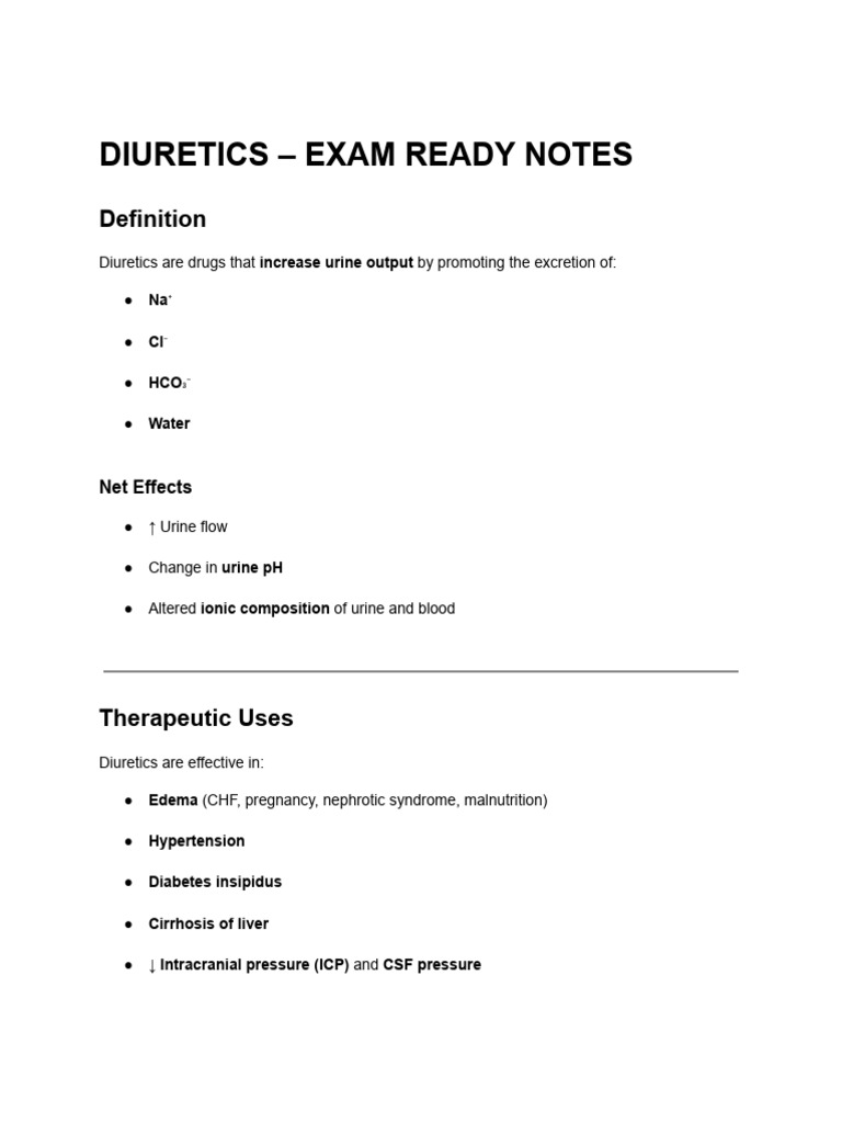 Diuretics - Exam Ready Notes | PDF | Medical Specialties