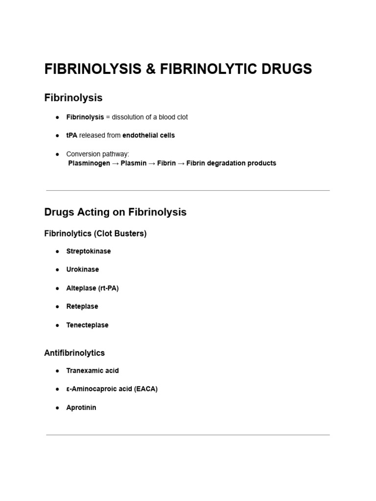 Fibrinolysis & Fibrinolytic Drugs - Exam Notes | PDF | Thrombus | Platelet
