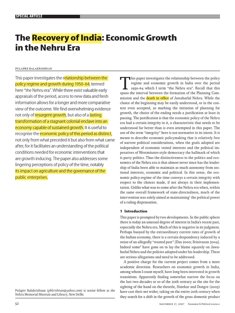 P. Balakrishnan The Recovery of India Economic Growth in The Nehru Era ...