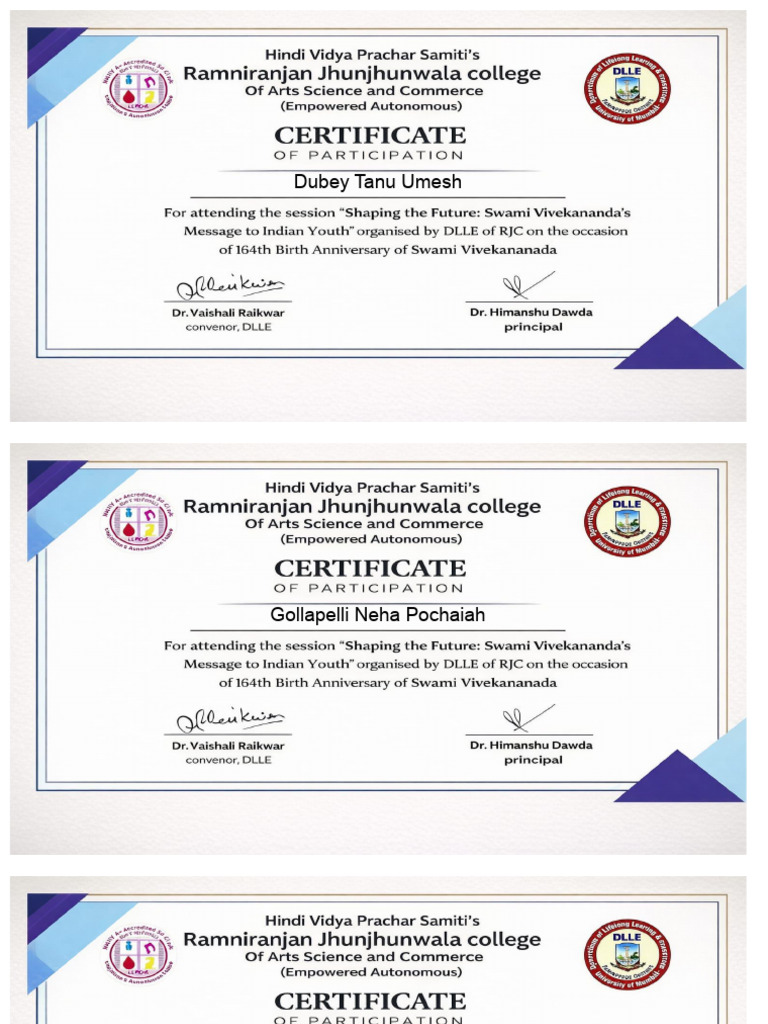 Dlle Certificate for Shaping the Future Swami Vivekananda's | PDF ...